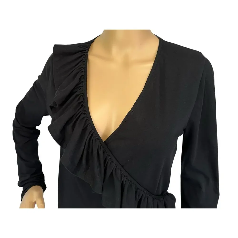 J. Crew Ruffle-Front Wrap Bodysuit Black H3685 Size S